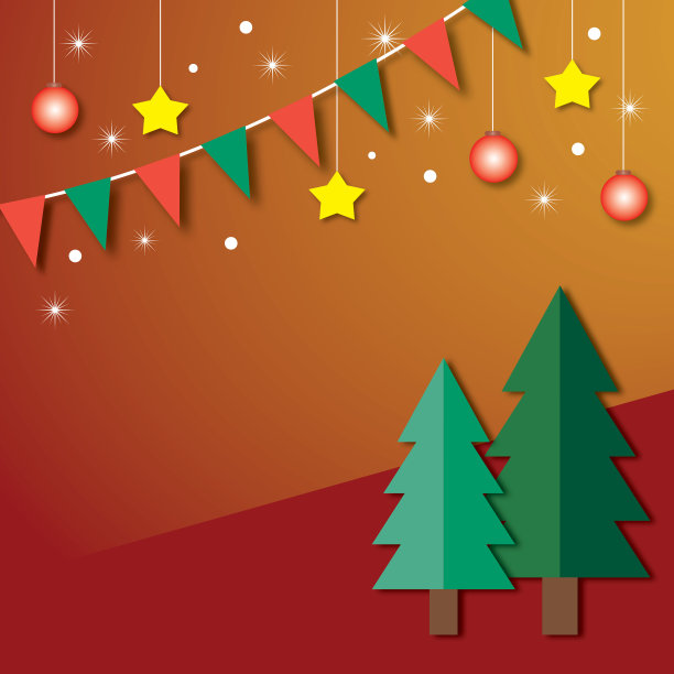 纸彩旗与圣诞树的红色背景。圣诞快乐和新年快乐的概念。图片下载
