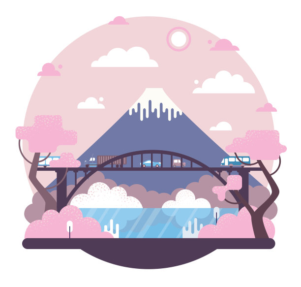 桥附近的山矢量卡通插画图片下载
