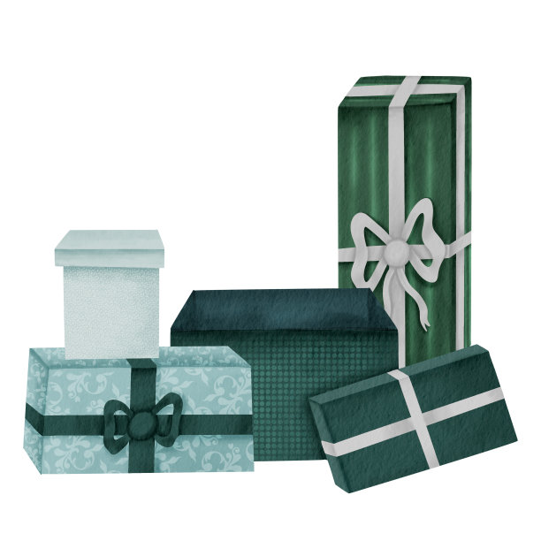 礼物盒。剪纸元素的设计。一组孤立的水彩画插图。图片下载