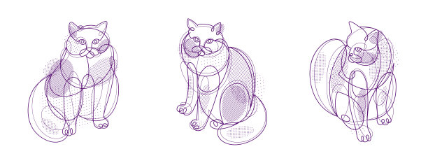 漂亮可爱的猫线性矢量插图集，线艺术绘画的猫咪放松，艺术轮廓最小草图的胖和懒猫。图片下载