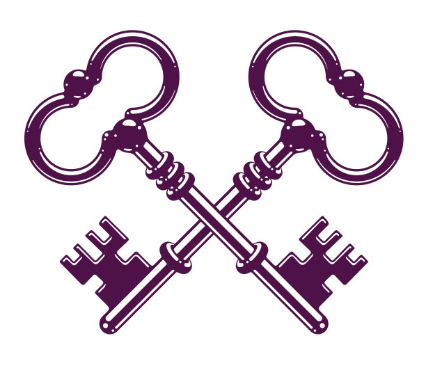 交叉钥匙，古董交钥匙矢量标志或徽章，保密，电子数据保护，天堂钥匙，酒店标签，保密。图片下载