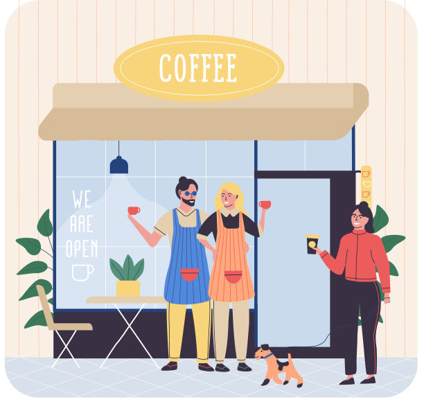 有遮阳篷的咖啡馆，好客的咖啡师把咖啡装在外卖纸杯里卖给遛狗的女孩图片下载