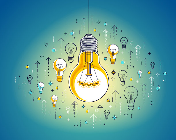 闪亮的灯泡和一组图标，商业理念和创意概念，电子商务寓言，互联网商业，市场或网上商店，矢量插画。图片下载