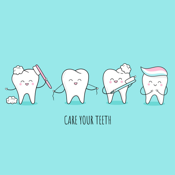 关心你的牙齿。一套可爱的牙齿牙刷，在蓝色背景卡通风格的牙膏。牙科可爱的背景。儿童牙科柜插图，儿童牙科。图片下载