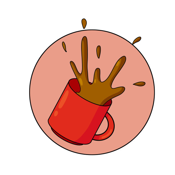 打翻了一杯咖啡。喷雾和下降。厨房操作草率。喝含咖啡因。卡通插图。图片下载