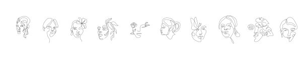 现代抽象线条极简女性面孔艺术设置，明信片或小册子封面设计。不同的女人的脸。一行的艺术。矢量插图设计图片下载