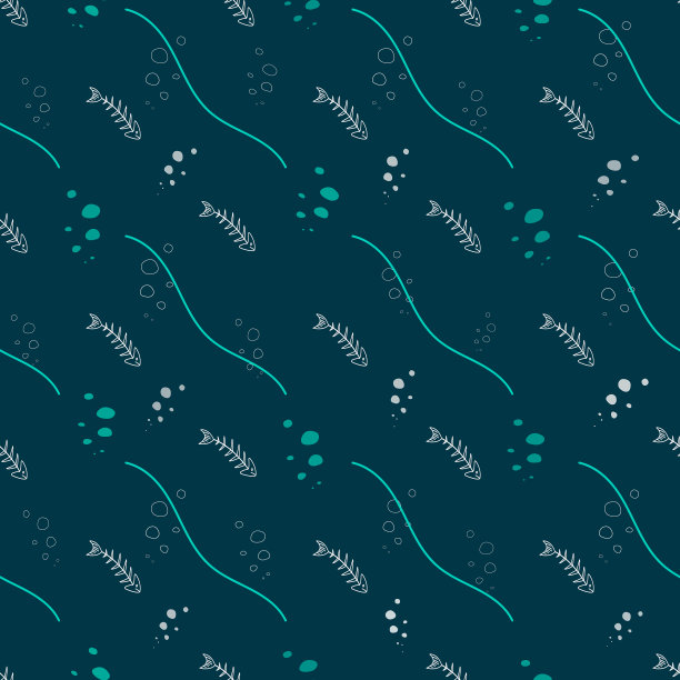 接缝矢量图案与鱼白色骨架，彩色波浪线和气泡。图片下载