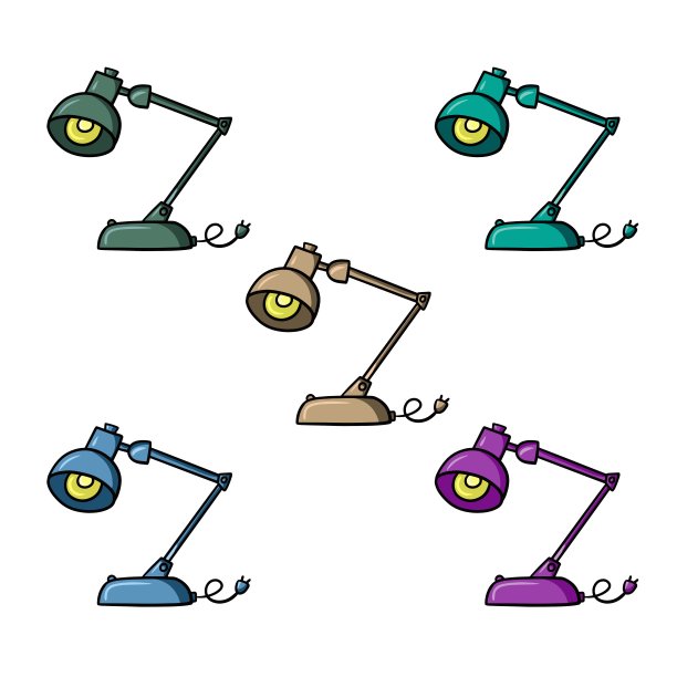 一套彩色图标，时髦的台灯为家庭和办公室，卡通矢量图片下载