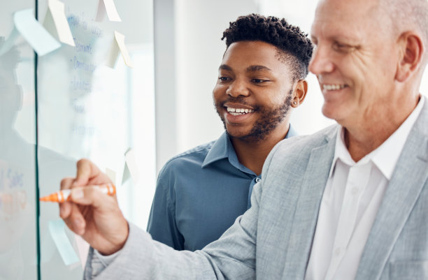 在商务会议、培训或创新指导中为愿景、目标和战略提供协作、支持或团队合作。动机，多元化人们计划创业营销图片下载