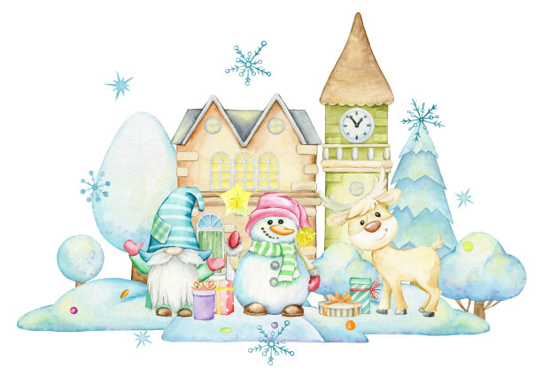侏儒，驯鹿，雪人，房子，树雪。水彩圣诞音乐会图片下载