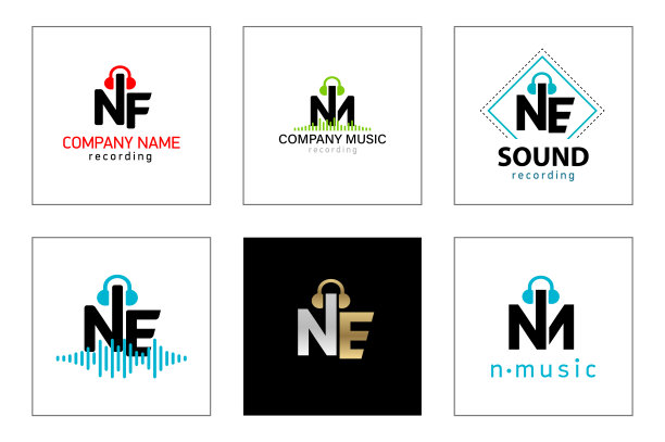 设置音乐的标志。带耳机和录音线的徽章字母组合。图片下载