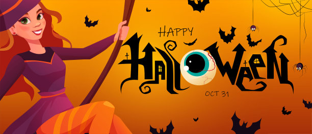 万圣节的横幅上有骑在扫帚上的红发女巫和手写的文字。卡通矢量图图片下载