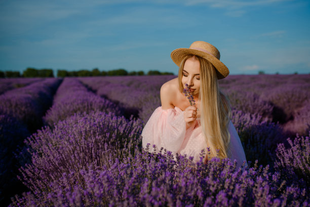 薰衣草田里的年轻女子图片下载