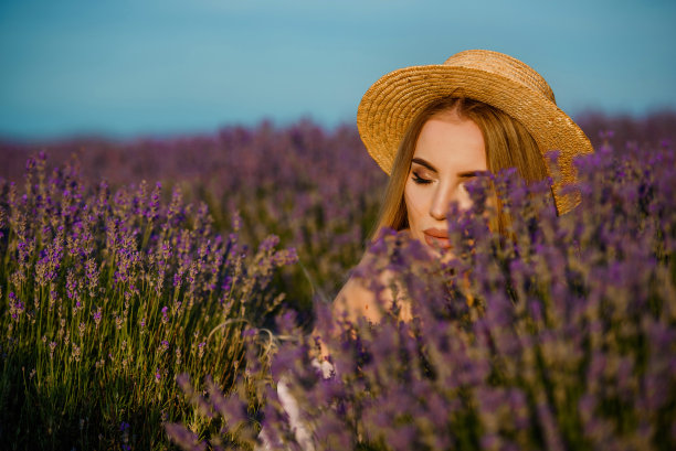 薰衣草田里的年轻女子图片下载