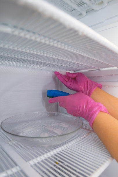 清洁女工在清洗冰箱。清洁冰箱。有选择性的重点。图片下载