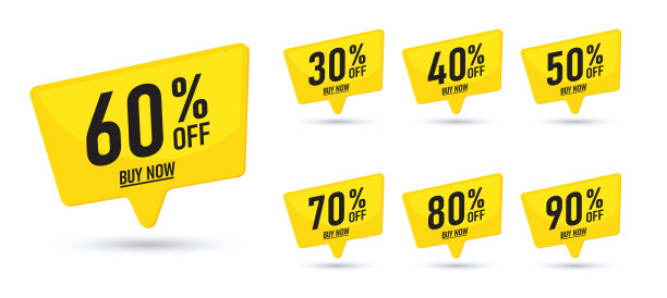 销售标签设置矢量徽章模板，10折、20%、30、40、50、60、70、80、90%销售标签符号图片下载