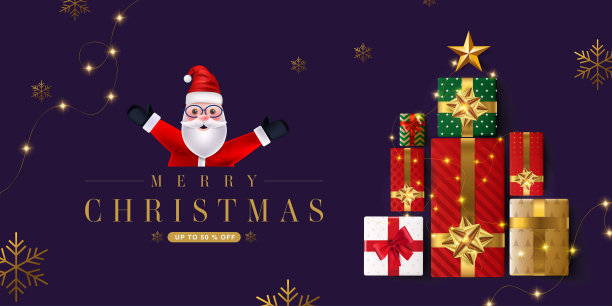 圣诞横幅模板与圣诞老人和礼品盒堆图片下载