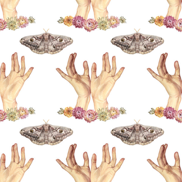 无缝图案水彩画伸出人的手与波西米亚花和蛾子在白色背景。在邀请和贴纸上用手画出帮助或善意的手势。庆祝婚礼的魔术艺术图片下载