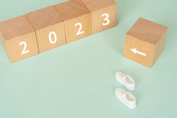 木块与“2023”文字的概念和鞋子。图片下载