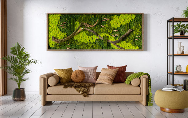 现代客厅内部与斯堪的纳维亚苔藓在墙上，3d渲染图片下载