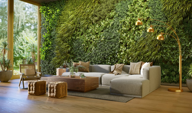 垂直绿色墙在客厅内部，3d渲染图片下载
