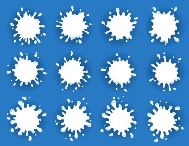 牛奶标签设置有水滴和飞溅。创意包装的牛奶徽章。液体变形虫的形状。矢量设计牛奶符号。背景与文字的位置图片下载