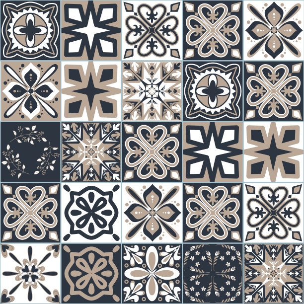 西班牙瓷砖深灰色米色，浴室和厨房装饰墙装饰，矢量插画图片下载