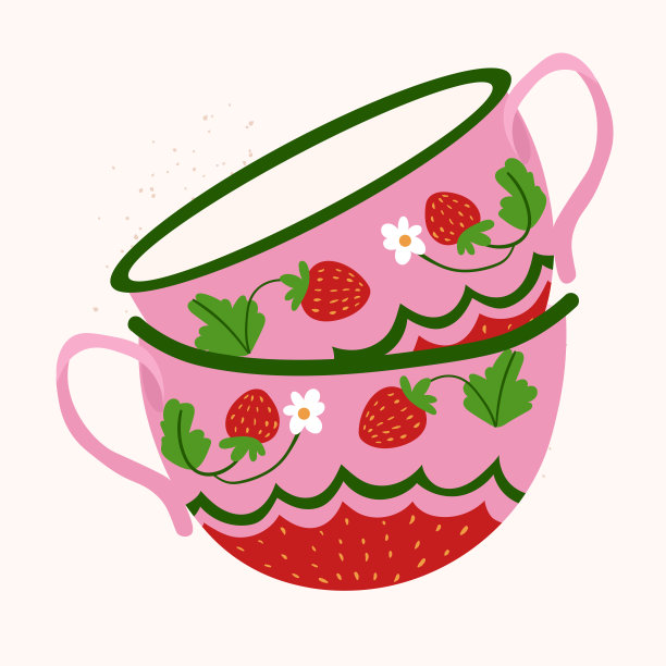 在白色的茶杯贴纸上涂鸦。独立矢量陶瓷杯与草莓装饰图片下载