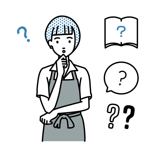 一个穿着咖啡围裙的女人拿着一个问题站着，她的手指放在下巴上的问号图片下载