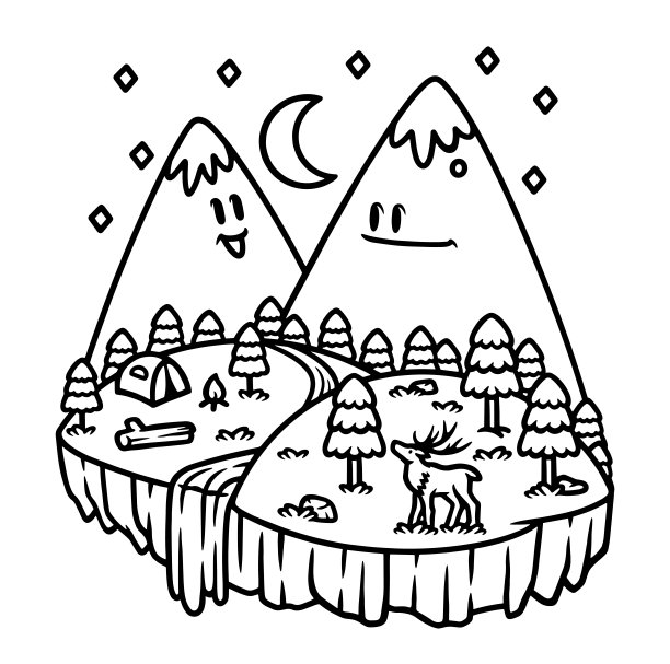 可爱的山和夜间露营线插画图片下载