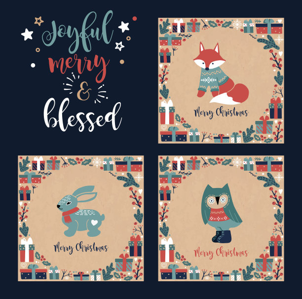 印有狐狸、野兔、猫头鹰和礼物的老式圣诞明信片，上面写着圣诞快乐图片下载