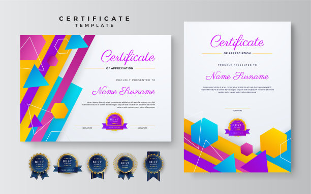 现代证书模板与彩色抽象形状。可以用于名片，文凭，邀请，奖励，成就，学位，奖章，体育赛事，和赞赏图片下载