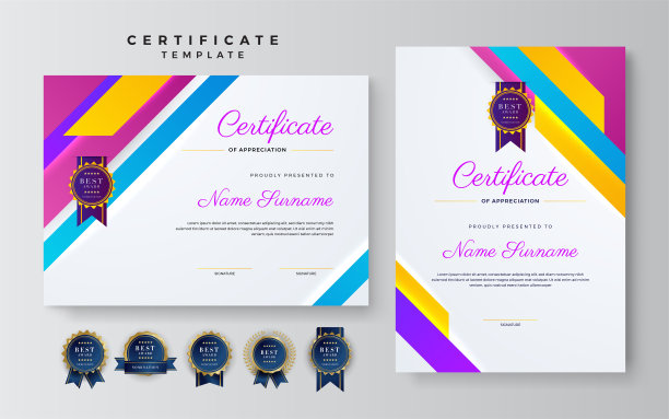 现代证书模板与彩色抽象形状。可以用于名片，文凭，邀请，奖励，成就，学位，奖章，体育赛事，和赞赏图片下载