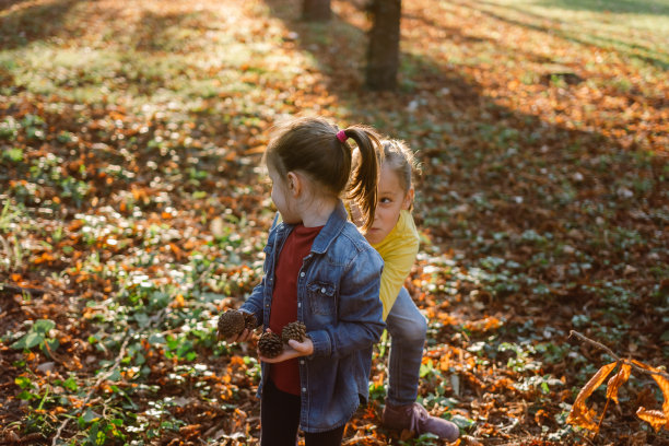 女孩们在秋天的公园里玩耍图片下载