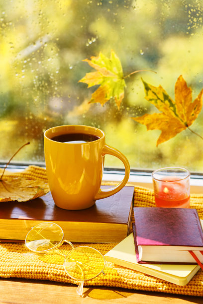 喝茶，看书，秋叶，家里窗台上的蜡烛图片下载