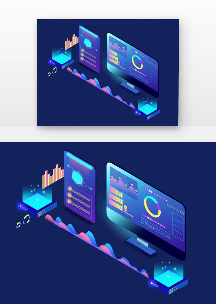 2.5D科技风统计场景蓝色电脑数据分析图图片下载