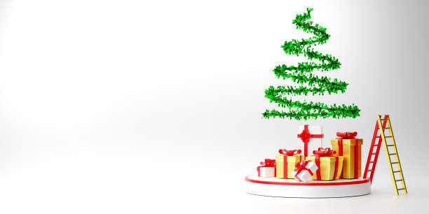 绿色圣诞树与礼盒和装饰白色组成的现代舞台展示和极简主义模型，圣诞概念和节日新年，3d插图或3d渲染图片下载