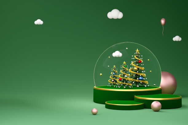 讲台空与雪花球和圣诞树在绿色组成的网站或海报或幸福卡片，圣诞横幅和节日新年，现实的3d插图或3d渲染图片下载