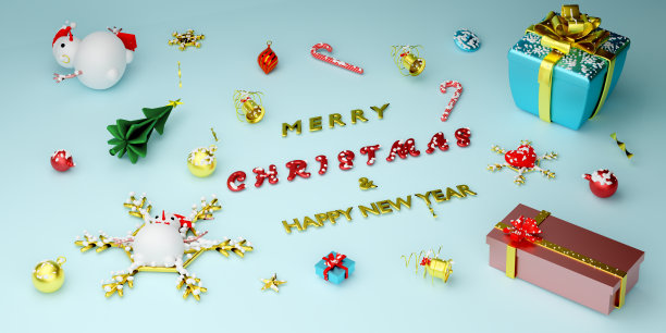 雪人与雪花和礼盒在天蓝色蜡笔组成的网站或海报或幸福卡片，圣诞横幅和节日新年，现实的3d插画或3d渲染图片下载