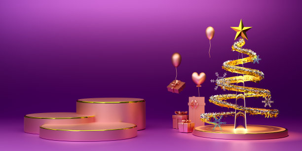 讲台上空着圣诞树和紫色或紫色组成的装饰品，用于现代舞台展示和极简主义模型，概念圣诞节和节日新年，3d插图或3d渲染图片下载