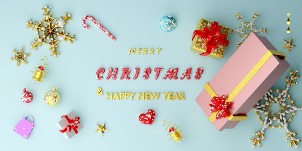 粉色礼盒和金色丝带雪花在天蓝色粉彩组成的网站或海报或幸福卡片，圣诞横幅和节日新年，现实的3d插画或3d渲染图片下载