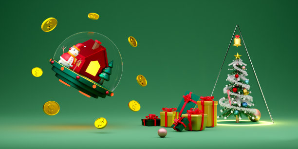 雪花球和圣诞树与雪人和金币在绿色组成的网站或海报或幸福卡片，圣诞横幅和节日新年，现实的3d插画或3d渲染图片下载