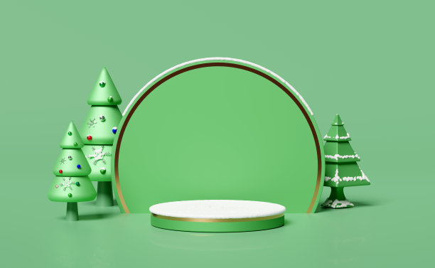 圆柱形舞台讲台空的圣诞树，雪，装饰孤立在绿色的现代舞台展示和极简主义模型，概念圣诞节和节日新年，3d插图或3d渲染图片下载