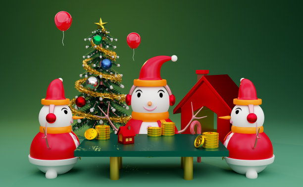 雪人和桌子与圣诞树和气球在绿色组成的网站或海报或幸福卡片，圣诞横幅和节日新年，现实的3d插画或3d渲染图片下载