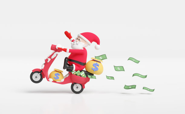 卡通圣诞老人与摩托车运输袋钱，纸币孤立的粉红色背景。快速信贷审批或贷款审批概念隔离在白色背景，3d插图或3d渲染图片下载