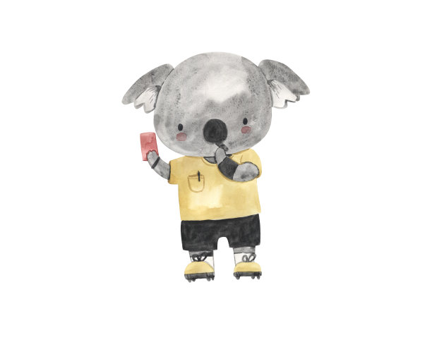 水彩考拉裁判。儿童足球插画图片下载