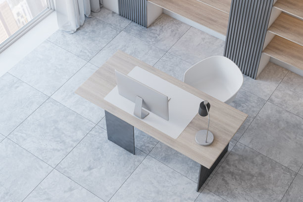 俯瞰混凝土和木制的时尚设计师办公室内部，家具，电脑显示器，书架。3 d渲染。图片下载