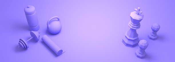 健身房训练和家庭锻炼和健身设备。哑铃，鲍勃，瑜伽垫和瓶子。促进健康生活方式和福祉的工具。国际象棋。低聚国王和兵。前视图。三维渲染图片下载