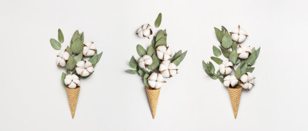 华夫蛋筒与花束棉花和新鲜的桉树小枝在浅灰色的背景。创意精致的白色棉花花的最小概念。平铺顶视图复制空间图片下载