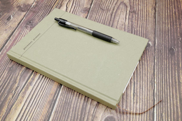 顶视图的新个人计划，绿色，与黑色圆珠笔放在顶部，在旧的木头背景。图片下载